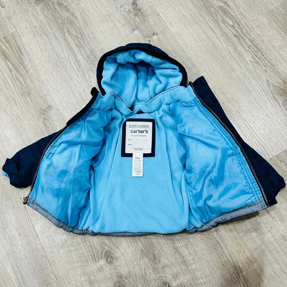 Carters 2T Kids Navy Blue Grey Fleece Lined Hooded Puffer Jacket 24M C2226536-LW